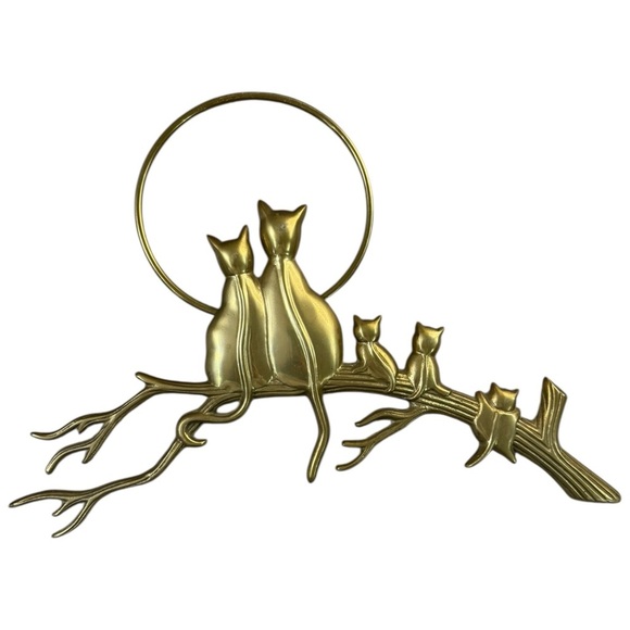 Vintage Cat Family on Branch with Moon - Brass Wall Hanging - 1970's Decor - Picture 1 of 5